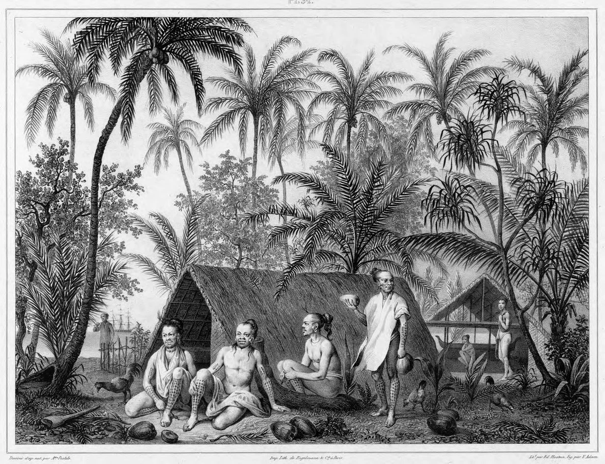Locuitori din Insulele Caroline (arhipelag din Palau). Litografie din secolul al XIX-lea (© Library of Congress)