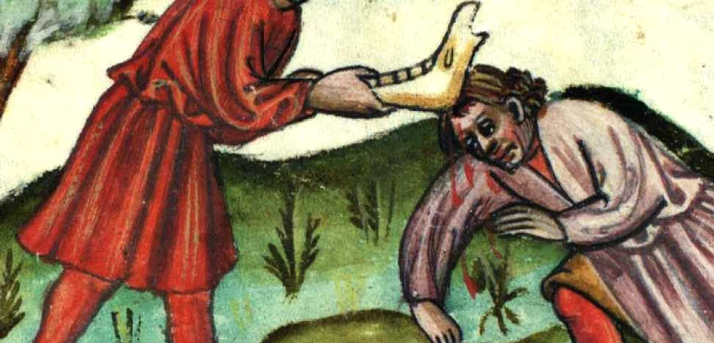 Cain în ucide pe Abel, desen dintr-un manuscris datând secolul XV   SURSA wikipedia.org