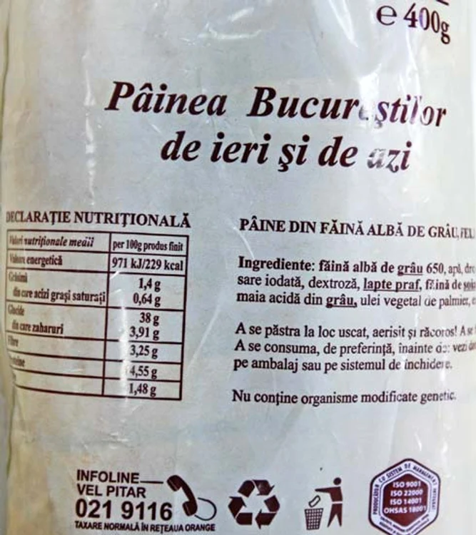 Pâinea Bucureşti are trecute pe etichetă toate ingredientele folosite