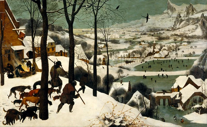 Pictură medievală. Pieter Bruegel cel Bătrân: Vânători în zăpadă. Sursa Wikipedia.