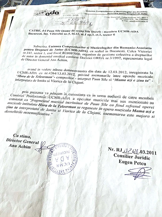 Cu acest act, obţinut de Sile  de la UCMR-ADA, artistul  poate câştiga procesul