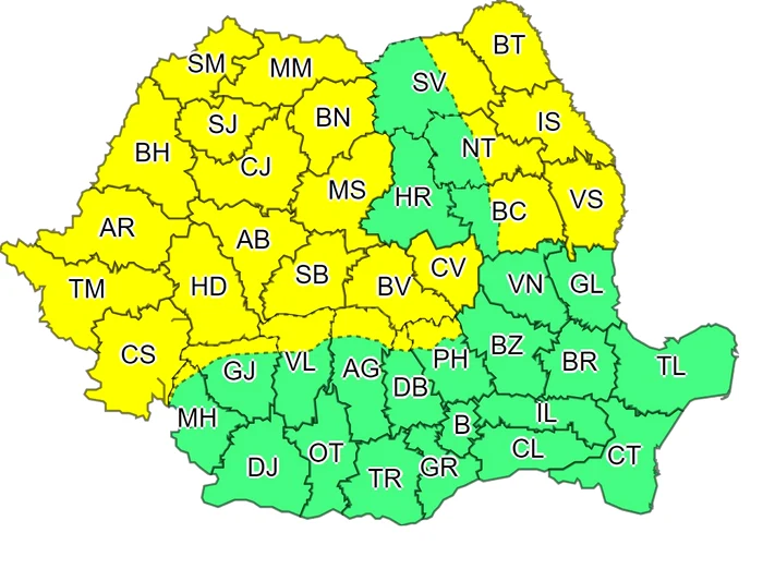 Hartă cod galben FOTO meteoromania.ro