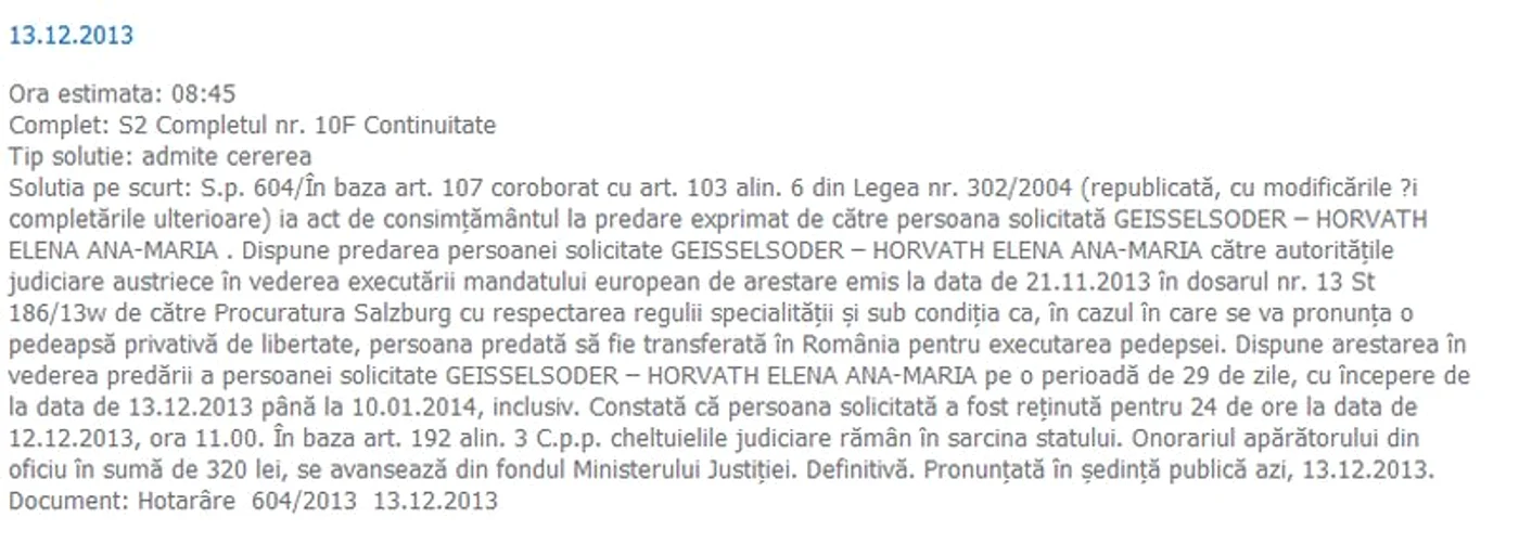 Lenna Horvath, mandat arestare