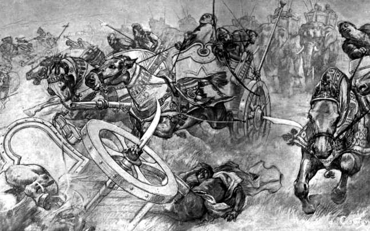 Atac al armatei persane în timpul bătăliei de la Gaugamela (astăzi Tel Gomel în nordul Irakului), într-o ilustraţie realizată de artistul Andre Castaigne (1898-1899) FOTO cais-soas.com