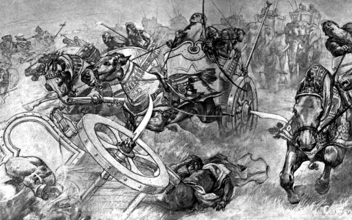 Atac al armatei persane în timpul bătăliei de la Gaugamela (astăzi Tel Gomel în nordul Irakului), într-o ilustraţie realizată de artistul Andre Castaigne (1898-1899) FOTO cais-soas.com