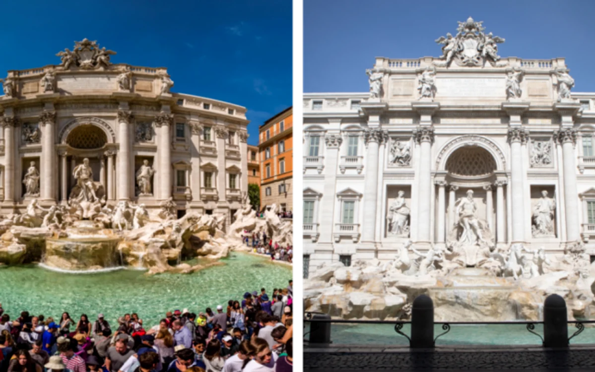 Stanga 20 aprilie 2019,dreapta 10 martie 2020- Fontana di Trevi Roma