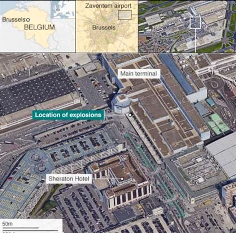 Harta cu punctele cheie în care au fost detonate cele două bombe în Aeroportul din Bruxelles
