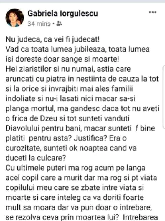 Gabriela Iorgulescu a postat un mesaj acid pe FacebookFoto: Arhiva personală