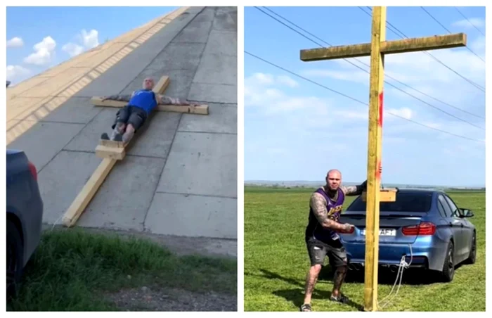 Mihai Aftănase s-a filmat în timp ce era răstignit pe cruce și tras de un BMW / foto: TikTok