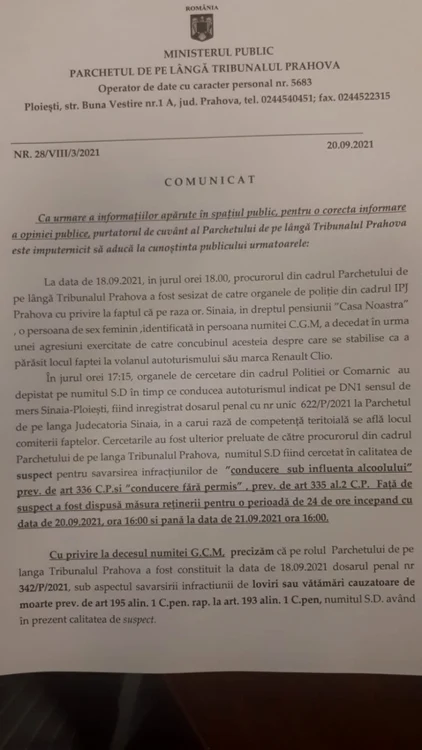 Comunicat de presă parchet crima sinaia