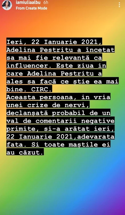 Răspunsul Iuliei AlbuFoto: Instagram