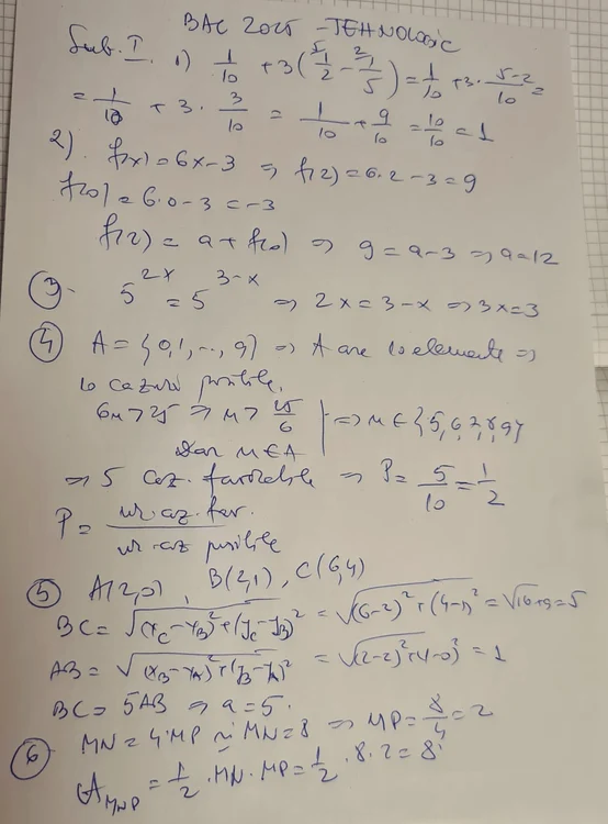 Rezolvarea subiect I Mate Tehnologic FOTO: Titu Vârban