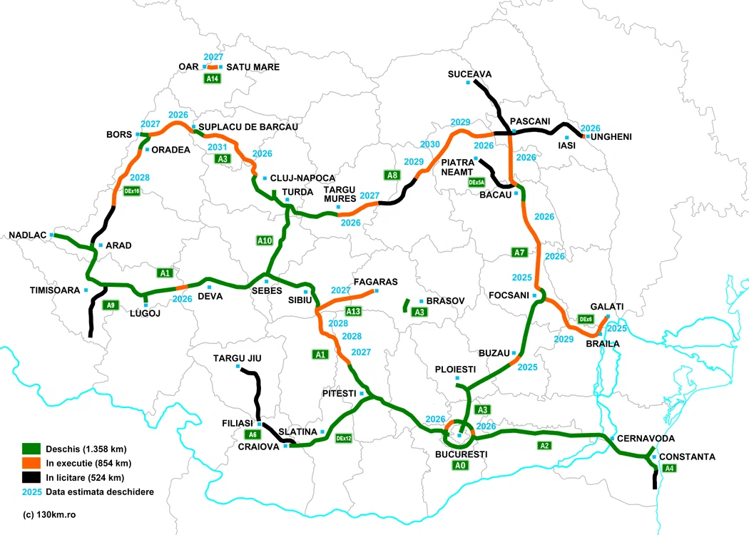 Harta autostrazilor. Sursa 130km.ro