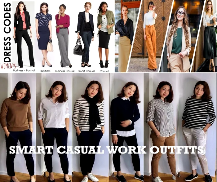 Colaj cu diverse tinute de la business la smart casual pentru femei - ținute de birou