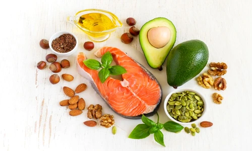 Food sources of omega 3 and healthy fats, top view jpeg
