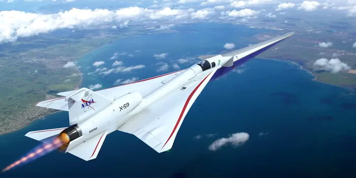 X-59 în zbor, un proiect dezvoltat de NASA și Lockheed Martin FOTO: NASA/Lockheed Martin