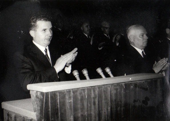 Nicolae Ceauşescu vorbind la adunarea festivă organizată cu prilejul aniversării a 45 de ani de la crearea Partidului Comunist Român (© „Fototeca online a comunismului românesc”, cota: 87/1966)
