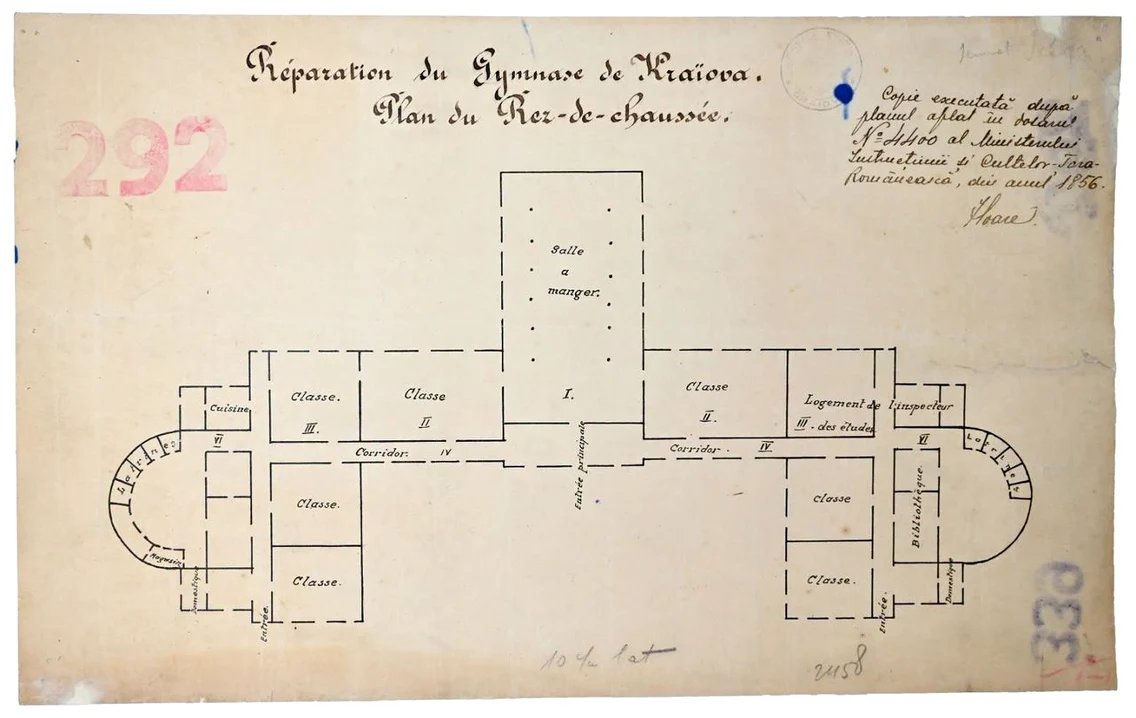 Planul Gimnaziului din Craiova, 1856. Colecția Serviciului Județean al Arhivelor Naționale Dolj 