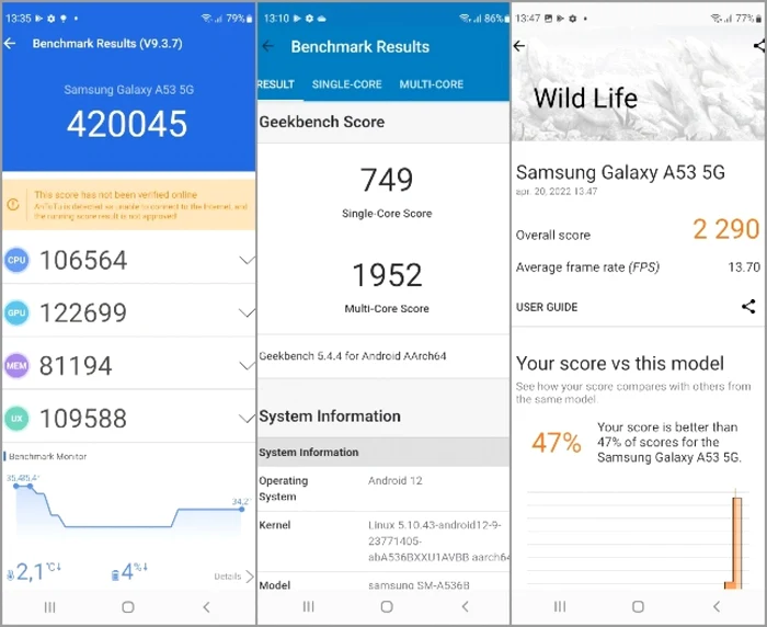 Teste sintetice cu Samsung A53 5G