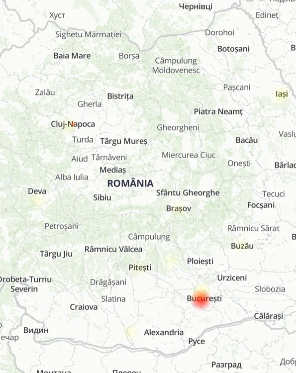 Hartă cu zonele unde sunt raportate probleme de funcționare a aplicației
