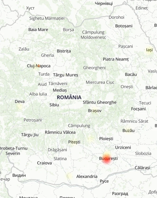 Hartă cu zonele unde sunt raportate probleme de funcționare a aplicației