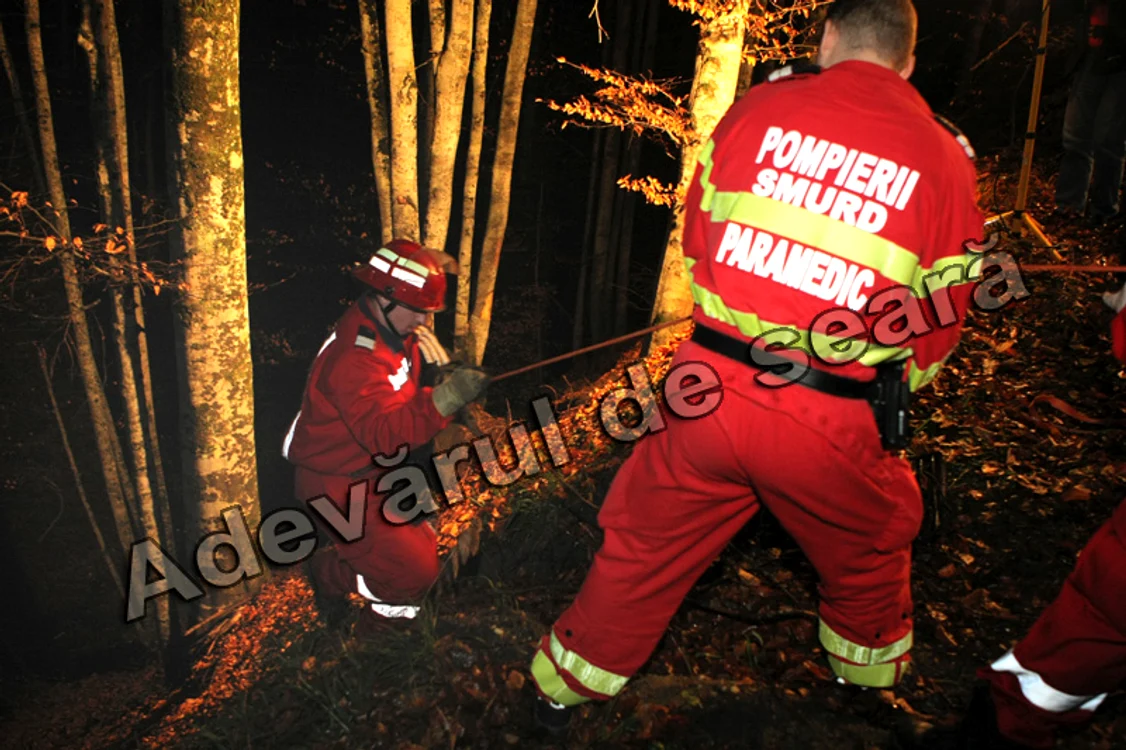 Pompierii au coborât pe fundul răpei cu ajutorul unei cordeline