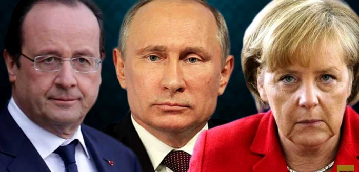 Preşedintele francez Francoise Hollande, omologul său rus Vladimir Putin şi cancelarul german Angela Merkel