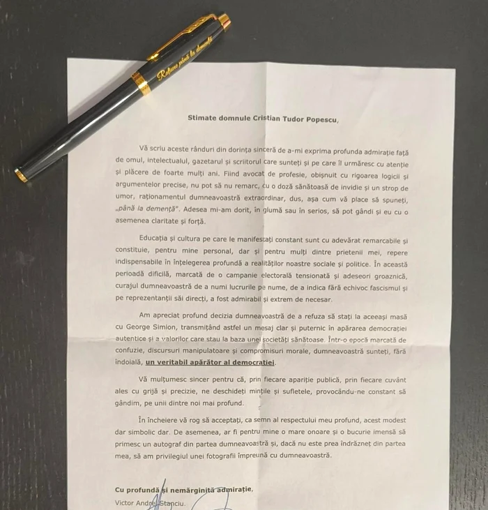 Scrisoarea primită de gazetar. FOTO Facebook