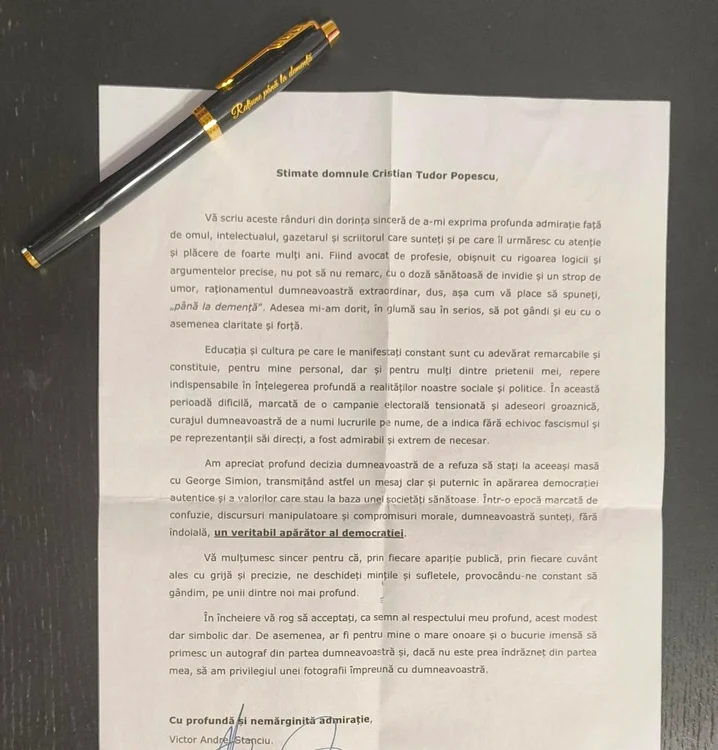 Scrisoarea primită de gazetar. FOTO Facebook