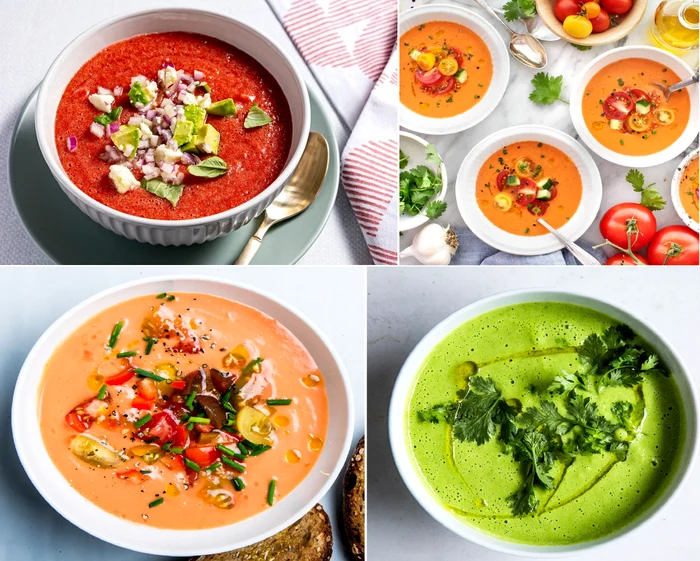 Gazpacho variante ale supei reci din Andaluzia Spania excelentă pentru zilele călduroase Colaj