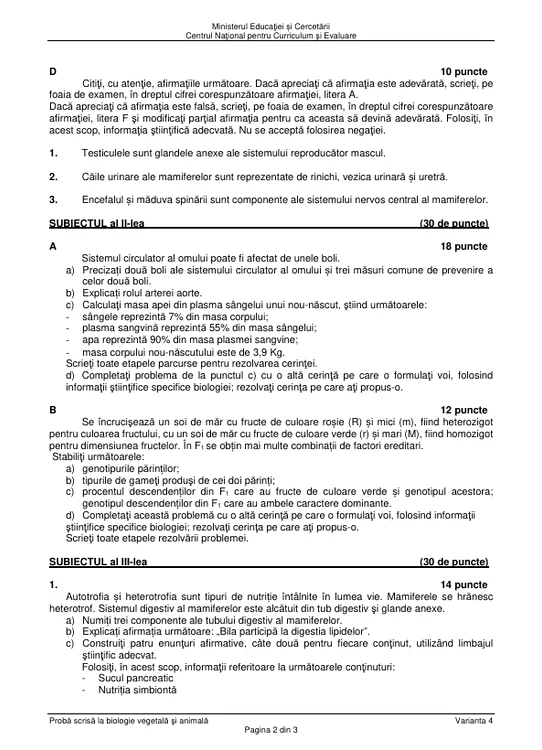 Bacalaureat 2025 - sesiunea de toamnă. Elevii au susținut proba la alegere a profilului. Subiecte și bareme de corectare 7 Subiectele probei Biologie vegetală și animală, sesiunea august