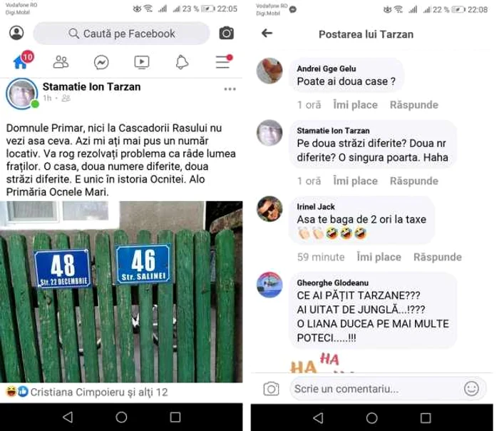 Postarea de pe Facebook legată de casa din Ocnele Mari - Vâlcea căreia i-au alocate doouă numere pe străzi diferite Foto colaj