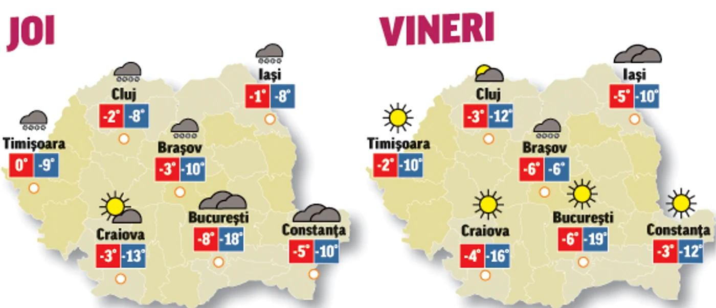 Prognoza meteo pentru următoarele două zile anunță că vremea va rămâne sub auspiciile gerului