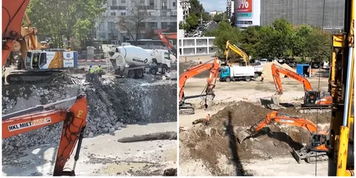 Lucrările de refacere totală a Planșeului Unirii continuă conform programului, după finalizarea dezafectării planșeului vechi în zona parcului Unirii. foto captura vid FB
