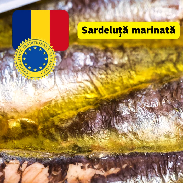 Fotografie cu sardeluța marinată cu emblema Specialitate Tradițională Garantată în culorile României