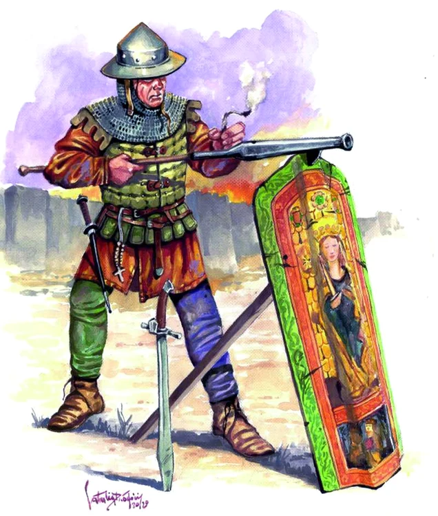 Mercenar ceh sau german din armata lui Vlad III, cu armură de tip brigandină, coif tip pălărie, des întâlnit la pedestrașii central- și est-europeni. Apărat de o pavăză – cu imaginea Sfintei Fecioare – proptită în pământ, lângă care este înfipt un me