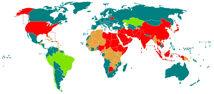 Verde închis - abolită
Verde deschis - abolită,  cu câteva excepții (circumstanțe speciale)
Portocaliu - încă în vigoare,  dar nefolosită de cel puțin zece ani sau aflată sub moratoriu
Roșu - încă în vigoare și utilizată