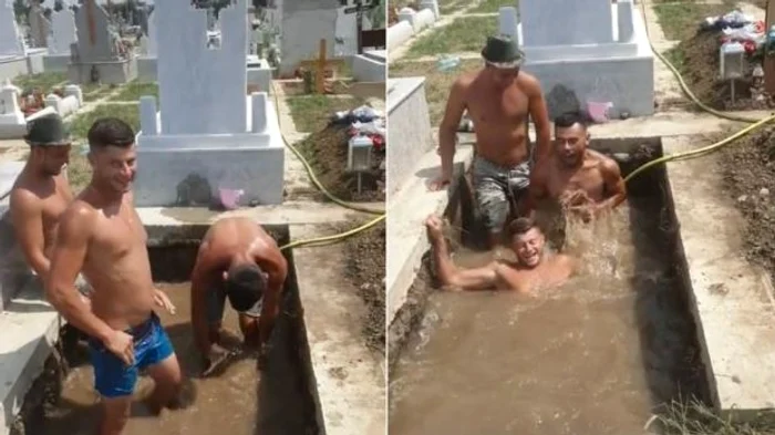 Trei gropari și-au făcut piscină într-un mormânt, în cimitir. Foto: colaj Tik Tok/Antena 3