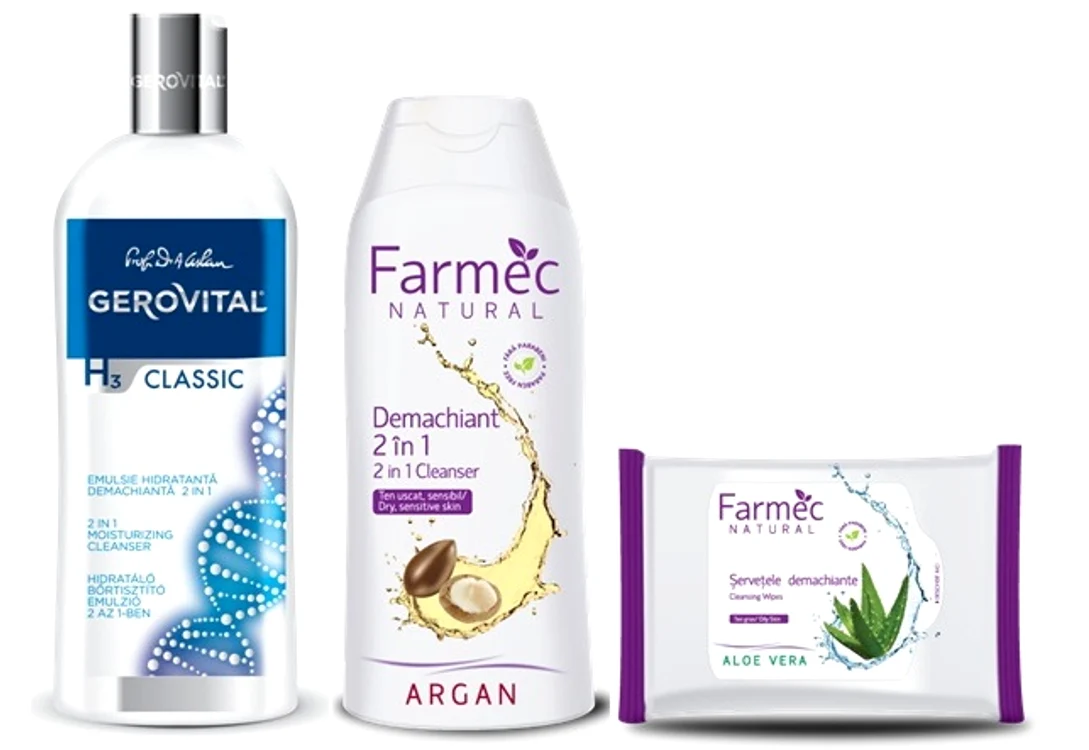 Emulsie demachiantă 2 în 1 Gerovital (15,3 lei), demachiant 2 în 1 cu argan de la Farmec (9,3 lei)  pentru ten sensibil şi şerveţele demachiante cu aloe vera (7,02 lei), potrivite pentru tenul gras