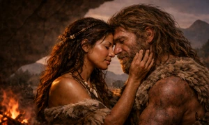 femeie Homo sapiens și un barbat de Neanderthal in ipostaza romantica png