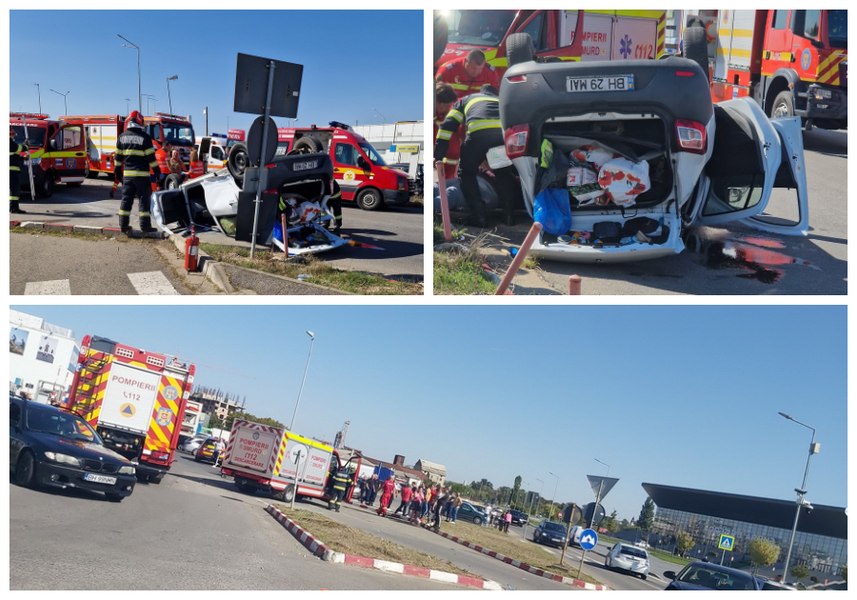 Accident spectaculos la Oradea. O mașină s-a răsturnat în parcarea unui mare centru comercial