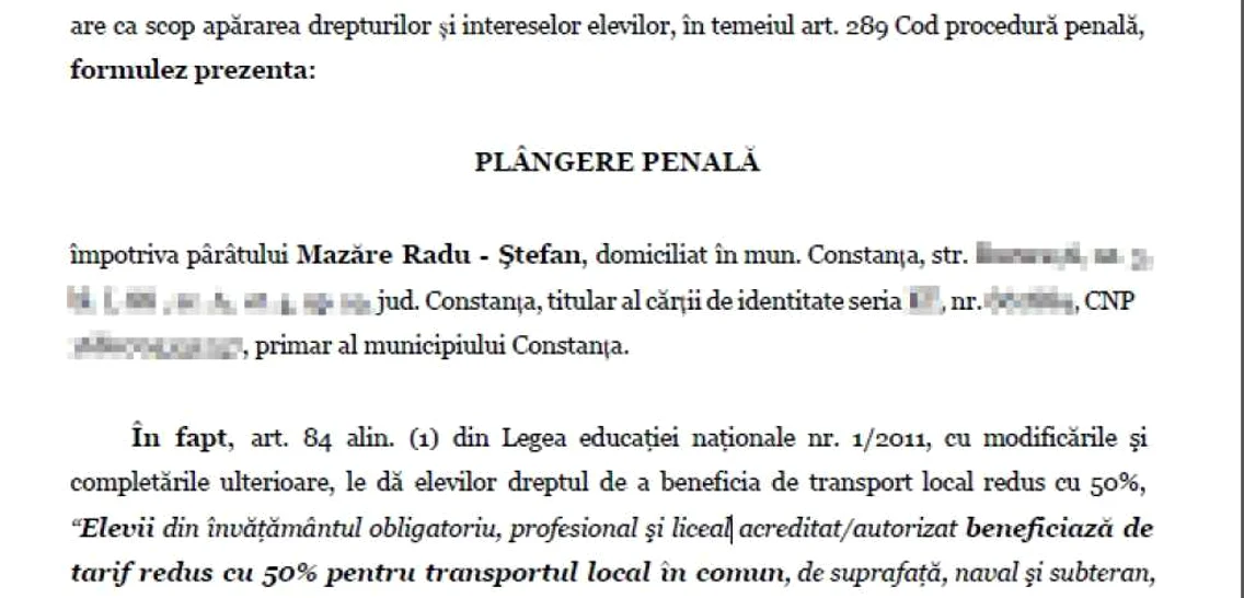 Plângerea penală depusă la DNA de Asociaţia Elevilor din Constanţa la adresa primarului Radu Mazăre