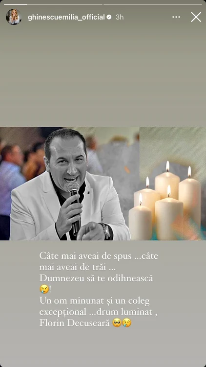 Mesajul Emiliei Ghinescu după moartea lui Florin Decuseară / Sursă foto: Instagram