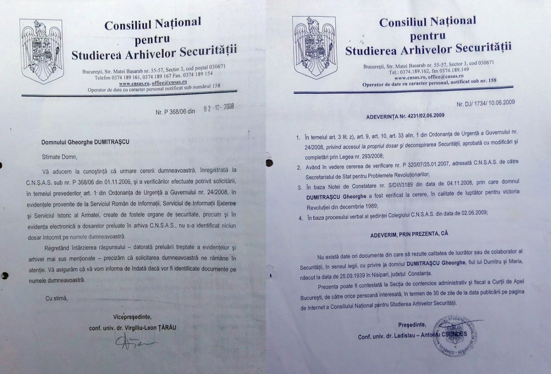 Adeverinţe CNSAS Gheorghe Dumitraşcu Constanţa Arhiva personala