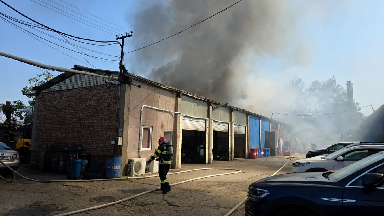 Incendiul se manifestă la un service auto FOTO: ISUBIF