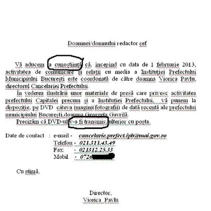 Greşeli grave în primul comunicat semnat de şefa de cabinet de la Prefectura Capitalei