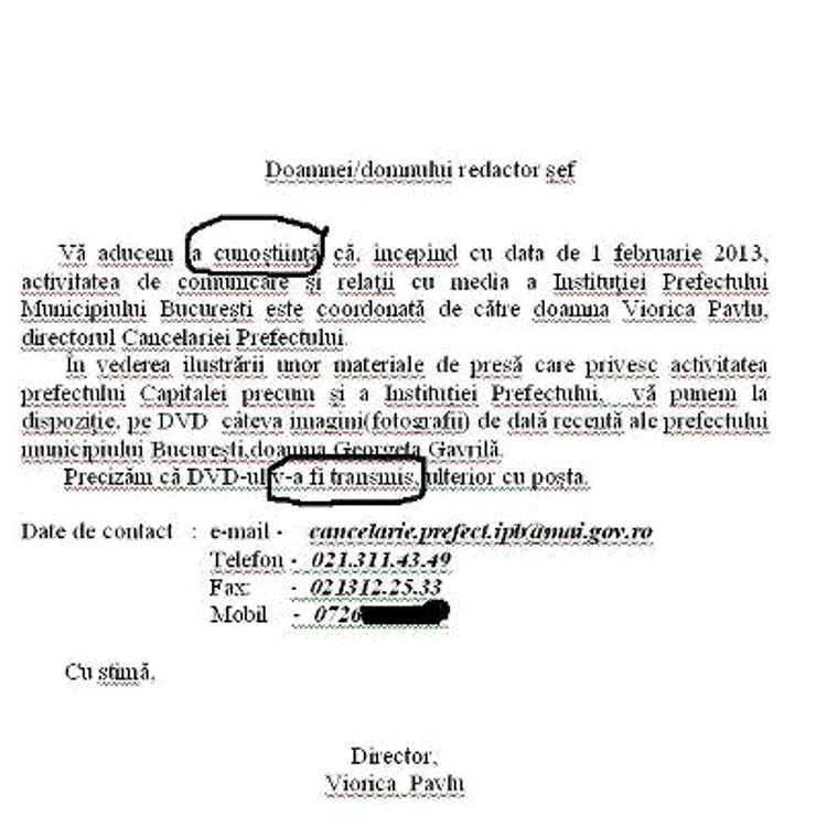 Greşeli grave în primul comunicat semnat de şefa de cabinet de la Prefectura Capitalei