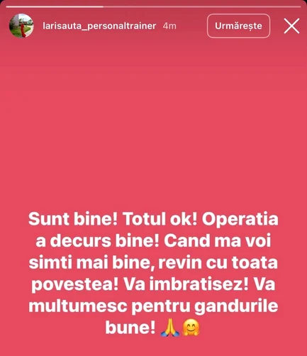 Mesajul Larisei Uță. Foto: Instagram