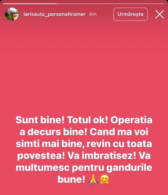 Mesajul Larisei Uță. Foto: Instagram
