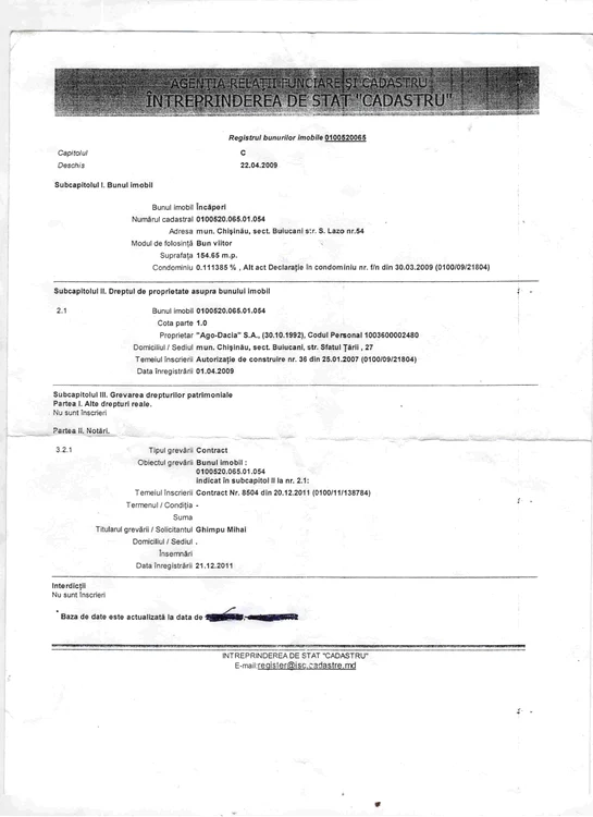 Documentul de la Agenţia Cadastru care confirmă deţinerea de către Mihai Ghimpu a unui apartament